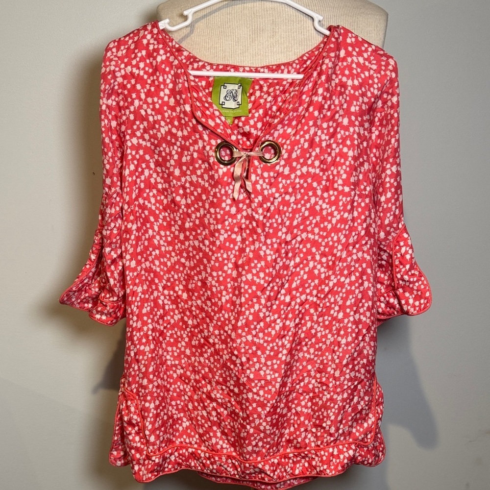 Elizabeth McKay pink and White 100% silk Blouse with Tie Detail